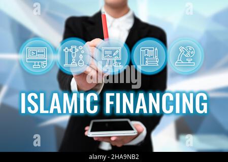Conceptual display Islamic Financing. Word Written on Banking activity and investment that complies with sharia Lady In Uniform Holding Tablet In Hand Stock Photo