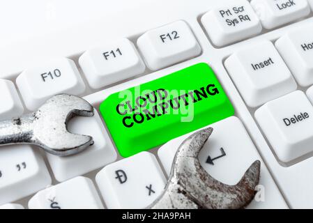 Conceptual caption Cloud Computing. Internet Concept use a network of remote servers hosted on the Internet Compiling And Typing Online Research Stock Photo