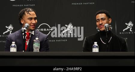 December 11, 2021, New York City, New YOrk, USA: Heisman Trophy finalists quarterback C.J. Stroud (L) from Ohio State and quarterback Bryce Young from Alabama during the press conference at the Marriott Marquis Hotel. (Credit Image: © Debby Wong/ZUMA Press Wire) Stock Photo