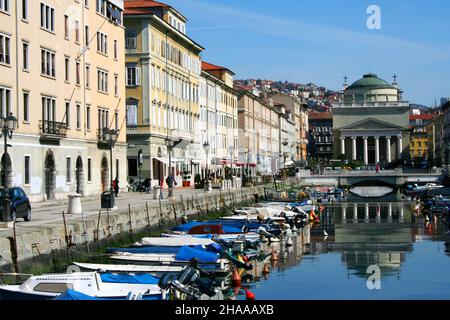 Canal Grande with the Sant Antonio Nuovo Church in Trieste, Italy. Stock Photo