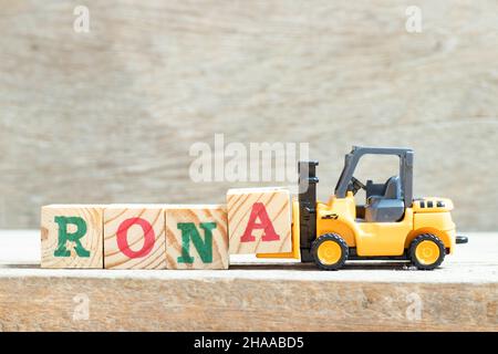 Toy forklift hold letter block a to complete word RONA (Abbreviation of Return on net assets) on wood background Stock Photo