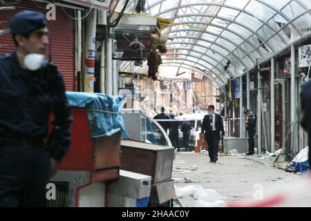 ISTANBUL, TURKEY - NOVEMBER 20: Demolished building after terror attack and bomb explosion in British Consulate on November 20, 2003 in Istanbul, Turkey. Killing 30 people and wounding 400 others. Stock Photo