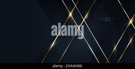 Elegant abstract 3D golden lines lighting with dark blue triangles shapes overlapping background. Luxury style. Vector graphic illustration Stock Vector