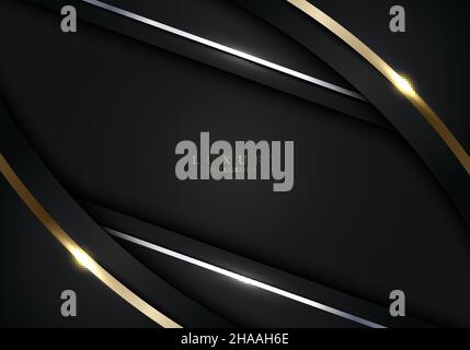 Abstract modern template luxury style black stripes with golden lines and lighting sparkles decoration design on dark background. Vector graphic illus Stock Vector