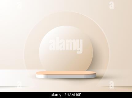 3D realistic abstract minimal scene empty podium studio room with circle backdrop and lighting soft brown background with transparent glass decoration Stock Vector