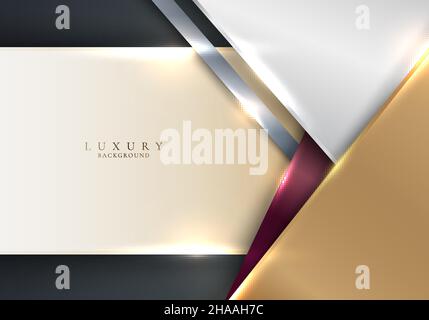 Abstract white and golden stripes triangles shapes with shiny gold tab lighting effect on grey background template luxury style. Vector illustration Stock Vector