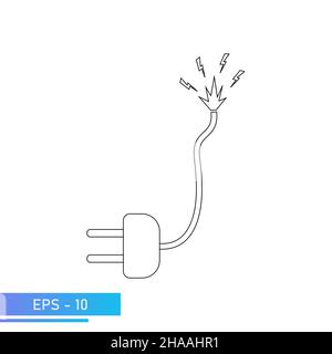 A plug for an outlet with a damaged sparking wire. Caution high voltage. Illustration in lines. Vector illustration. Stock Vector