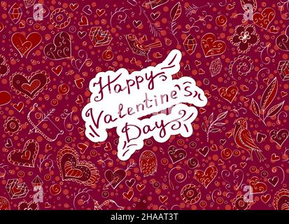 Vector background with hand drawn objects and lettering for Valentine's Day. Doodle. In red color. Stock Vector