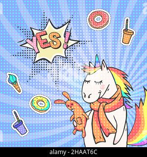 Cute hand drawn unicorn and speech bubble with text YES! Vector pop art background. Poster, greeting card or invitation in comic style. Stock Vector