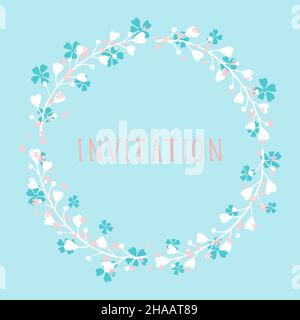 Vector hand drawn illustration of text INVITATION and floral round frame on blue background. Colorful. Stock Vector