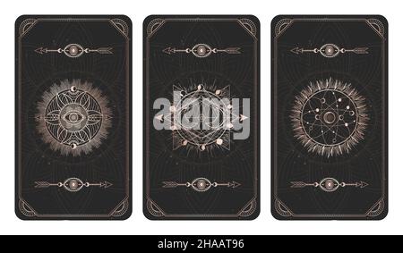 Vector set of three dark backgrounds with sacred symbols, grunge textures and frames. Abstract mystic signs drawn in lines. Illustration in black and Stock Vector