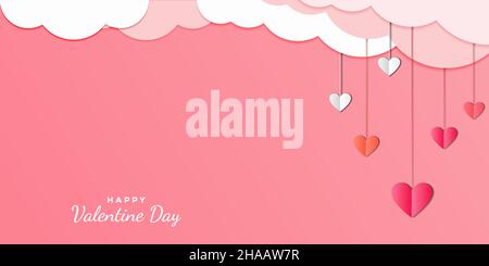 valentine background in paper cut style design with hanging hearts and copy space. vector design Stock Vector