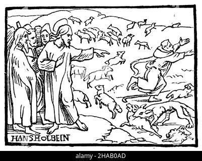 The good and the bad shepherd (Ev. Joh. 10, 12). Woodcut by H. Holbein on a Reformation pamphlet published in England. Surrounded by his disciples, Jesus points out an unfaithful shepherd who has thrown away his shepherd's crook and runs away as the wolf breaks into the flock, , Hans Holbein (church history book, 1881), Der gute und der schlechte Hirte (Ev. Joh. 10, 12). Holzschnitt von H. Holbein auf einem in England erschienenen Reformations-Flugblatt. Von seinen Jüngern umgeben, weist Jesus auf einen ungetreuen Hirten hin, der seinen Hirtenstab weggeworfen hat und davonläuft, da der Wolf in Stock Photo