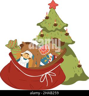 Pine tree with star on top and sack with presents Stock Vector