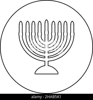 Chanukah menorah Jewish holiday candelabra with candles Israel candle holder icon in circle round black color vector illustration image outline Stock Vector
