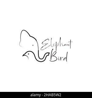 continuous line elephant with bird logo symbol icon vector graphic design illustration idea creative Stock Vector
