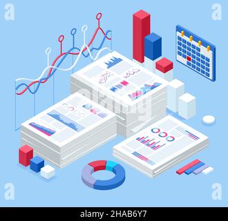 Marketing data analysis. Isometric office document folders. Routine, bureaucracy, big data, paperwork, office. Bureaucracy. Data Analysis, Business Stock Vector