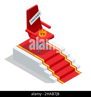 Isometric Golden Crown. Job recruiting advertisement, Job opportunity. Office chair and a sign vacant. Hiring and recruitment. Stock Vector