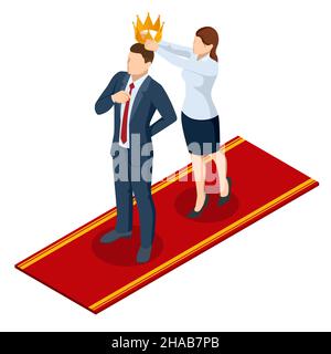 Isometric Golden Crown. Young handsome woman putting a crown on the man. Stock Vector