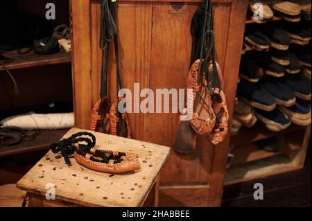 Typical basque country leather espadrilles, Interior of the Ethnographic Museum of Artziniega, Alava, Basque Country, Euskadi, Euskal Herria, Spain, E Stock Photo