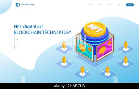 Isometric Digital art NFTs, generative art. NFT Non-fungible token is a unique and non-interchangeable unit of data stored on a digital ledger Stock Vector