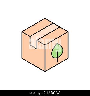 Biodegradable packaging box. Closed parcel with a green leaf. Environmental friendly cardboard package. Box made of compostable materials. Vector Stock Vector