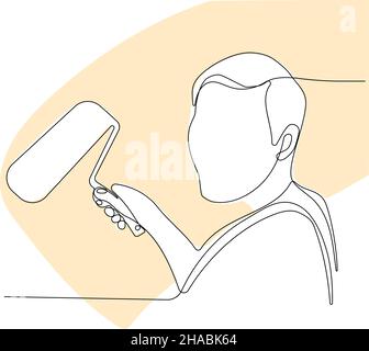 Painter wearing gloves painting wall using roller Stock Vector