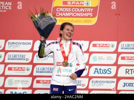 Great Britain's Megan Keith celebrates with their gold medal after winning the Women's Under 20 event during the SPAR European Cross Country Championships 2021 at Fingal-Dublin in Ireland. Picture date: Sunday December 12, 2021. Stock Photo