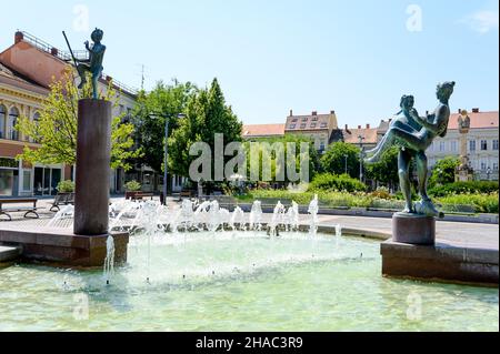 Fountain and the statues on the Main Square of Szombathely, Hungary. Stock Photo