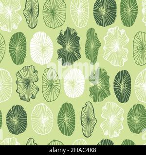 Vector green monochrome lotus lily pads rows of leaves seamless pattern 06. Perfect for fabric, scrapbooking and wallpaper projects. Stock Vector