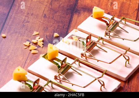 Four mousetraps baited with cheese with a piece of cheese taken from one trap, lucky concept Stock Photo