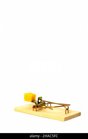 Wooden mousetrap baited with cheese isolated on a white background with copy space Stock Photo