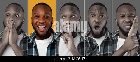 Portrait of young african american man looking at camera, showing positive and negative emotions, collage Stock Photo