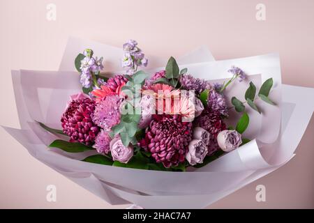 Beautiful bouquet with chrysanthemums, roses, gerbera daisies Stock Photo