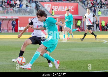 Seville, Spain. 11th Dec, 2021. Goalkeeper Adrian Gonzalez (24) of Sevilla  Atletico is warming up before the Primera RFEF match between Sevilla  Atletico and Real Madrid Castilla at Jesus Navas Stadium in