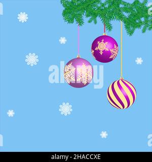 Christmas background with festive balls and snowflakes on a blue background. Spruce branches with balls hanging on chains. Stock Vector