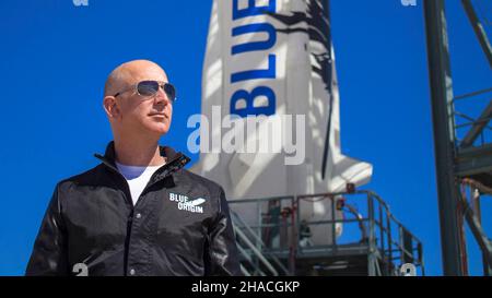 VAN HORN, TEXAS, USA - circa 2015 - Jeff Bezos, founder of Blue Origin, inspects the New Shepard rocket at the West Texas launch facility before the r