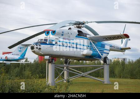 SALEHARD, RUSSIA - AUGUST 29, 20181: Helicopter Mi-6A (RA-21050) close-up on a cloudy August day. Exposition of Soviet aviation equipment near the air Stock Photo