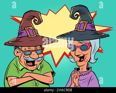 An old man and an old women couple in halloween hats laugh. love and friendship Stock Vector