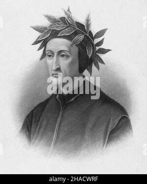 Antique circa 1870 engraving of Dante Alighieri by Henry Bryan Hall (New York). Dante Alighieri (1265-1321), was an Italian poet, writer and philosopher. SOURCE: ORIGINAL ENGRAVING Stock Photo