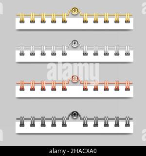 A set of springs of different colors for notebooks and calendars. Spiral binders for sheets of paper. 3D realistic mockup. Isolated on gray background Stock Vector