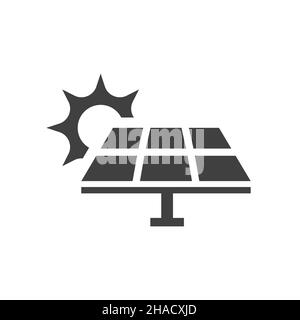 Solar panel with sun black vector icon. Green energy symbol. Stock Vector