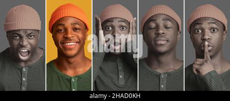 Portrait of emotional african american guy in orange hat showing amazement, anger and happiness, collage Stock Photo