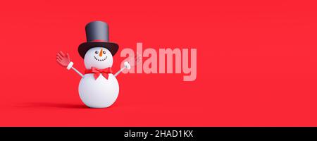 Snowman cute 3d character on red background. Merry Christmas and Happy new year concept 3d render 3d illustration Stock Photo