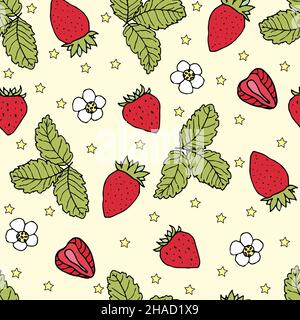 Seamless pattern of strawberries and flowers Stock Vector