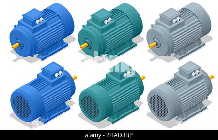 Isometric Electric Generator Motor isolated on white background. Power supply for electric car charging. Modern technology and environment care Stock Vector
