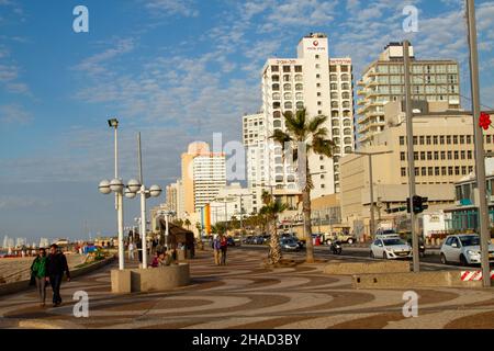 The Tel Aviv, Israel sea-front promenade The American embassy in the centre Stock Photo