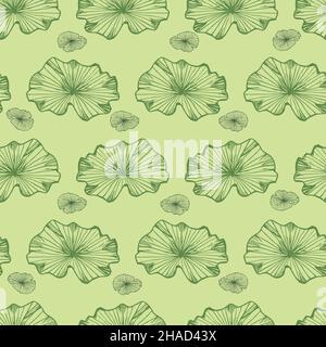 Vector green monochrome curvy lotus lily pads rows of leaves seamless pattern 08. Perfect for fabric, scrapbooking and wallpaper projects. Stock Vector