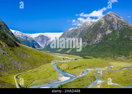 Aerial view of a road from Hafslo to valley Langedalen at glacier Jostedalsbre, Sognefjord region, Norway. Stock Photo