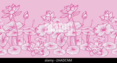 Vector pink monochrome lotus water lily flowers and leaves outlines horizontal border. Perfect for greeting cards and invitation cards. Stock Vector